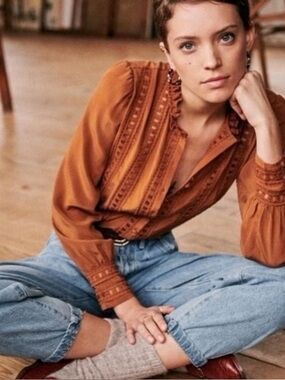 Sezane Anna Blouse 100% Silk Brown French Girl Lace Button Down Top Size FR 38